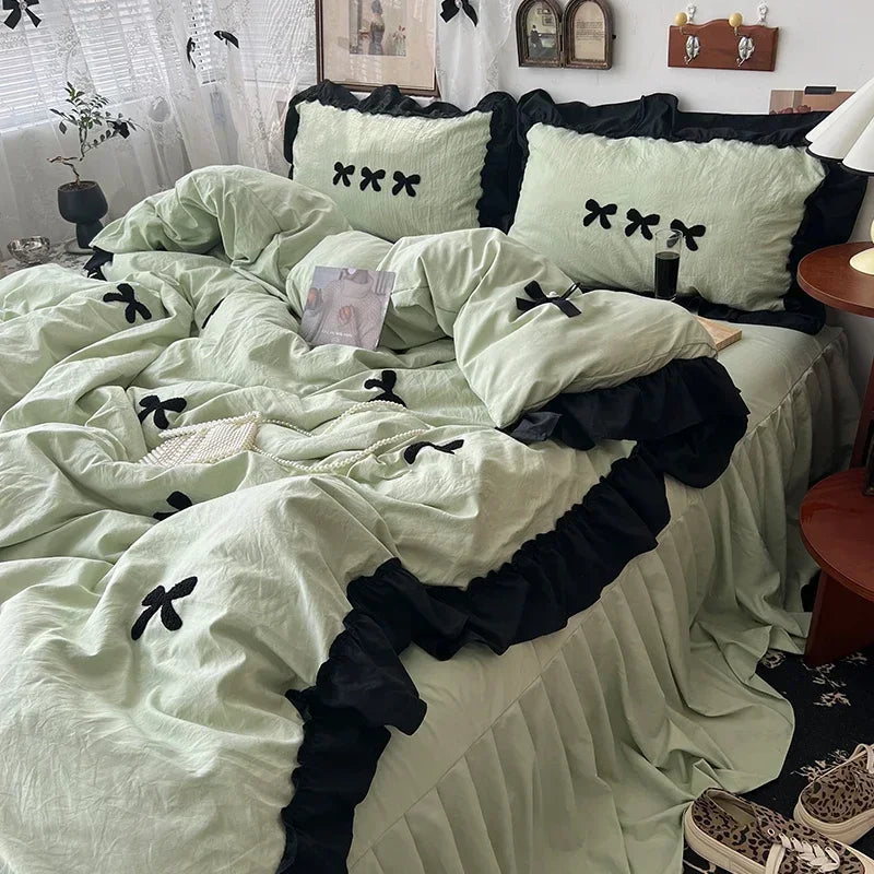 Juego de cama de algodón con lazo negro, funda nórdica suave y agradable para la piel estilo princesa para niña, sábana o funda de almohada para falda de cama