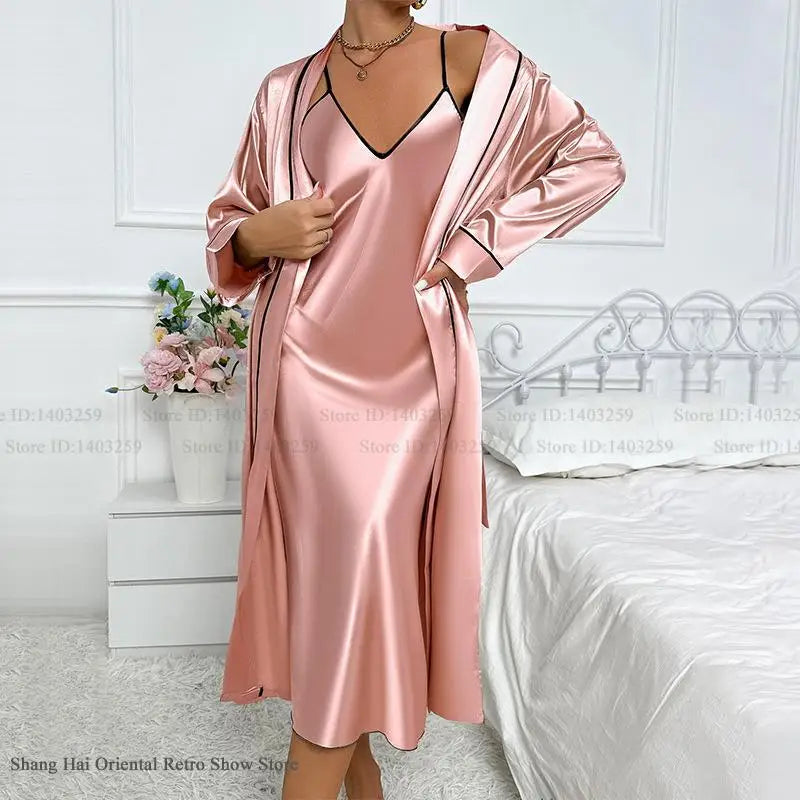 Conjunto de bata larga Sexy para mujer, camisón Chemise, ropa de dormir de satén de seda para verano, vestido para casa, ropa de dormir, ropa de salón holgada, lencería