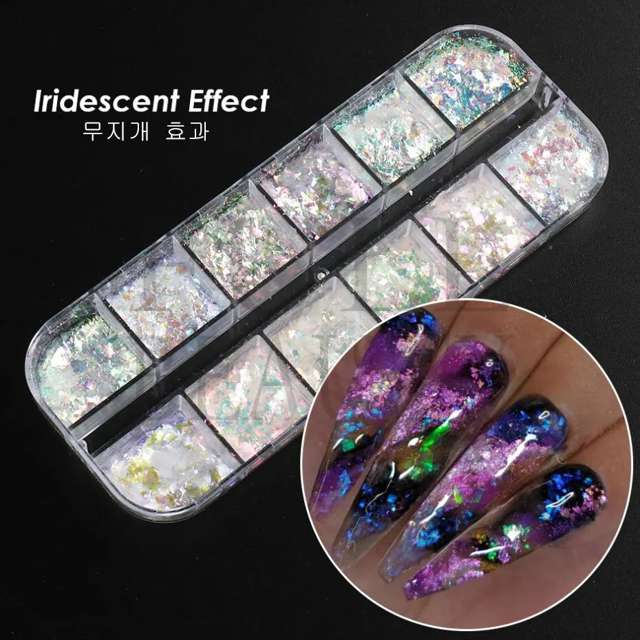 12 rejillas iridiscentes para uñas Aurora, purpurina de cristal, copos de fuego, holográficos, lentejuelas brillantes, dijes, esmalte de Gel, Flash para manicura