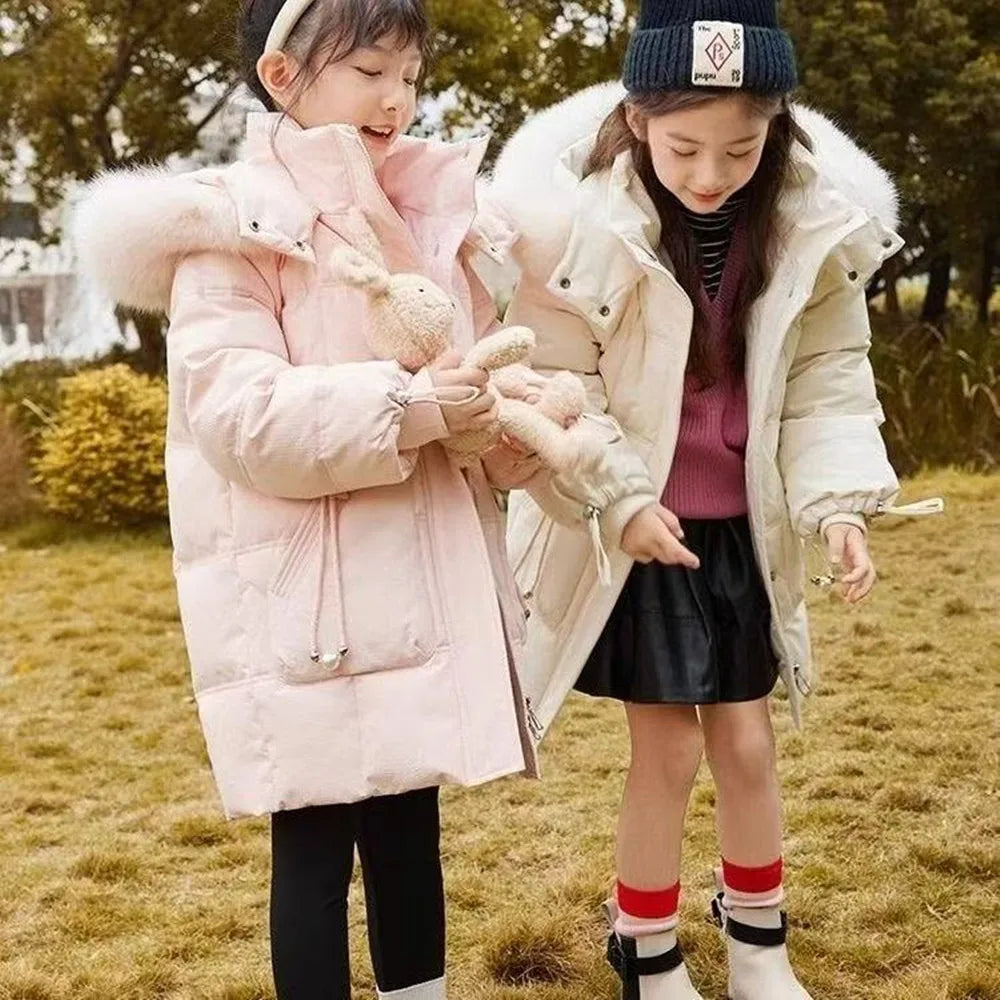 Chaqueta de plumón para niña, abrigo con cuello de piel gruesa holgada y de felpa, nuevo estilo, invierno 2026, 110-170cm