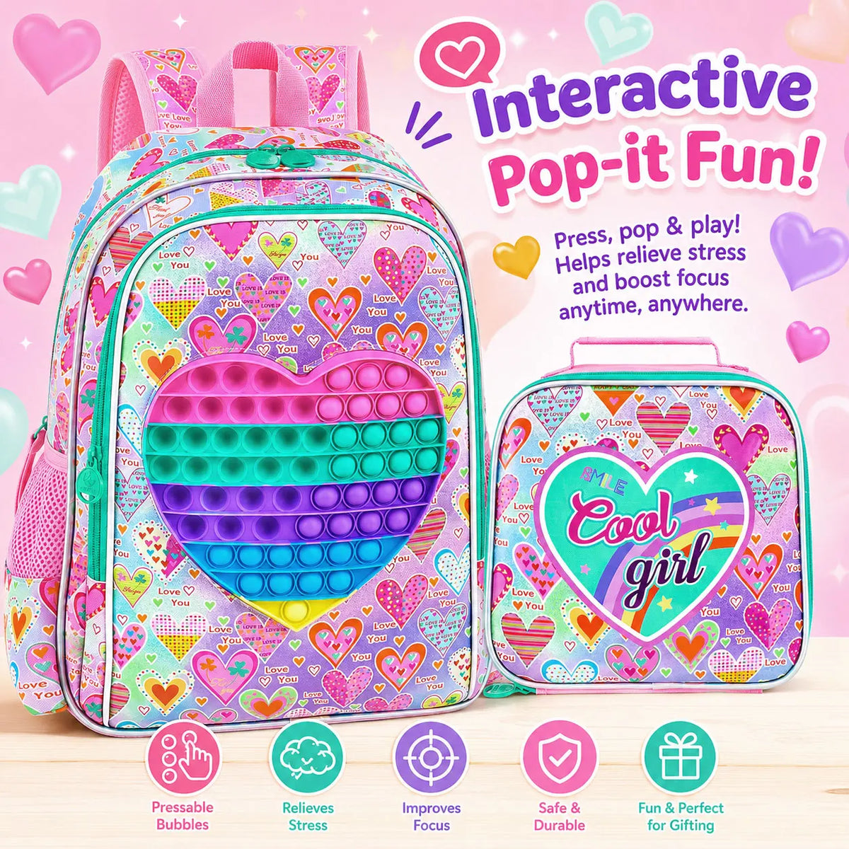 Juego de 3 Piezas de Mochila Pop It Fidget para Niñas con Lonchera, Estuche para Lápices y Llavero con Pompones, Regalo de Útiles Escolares para Niños