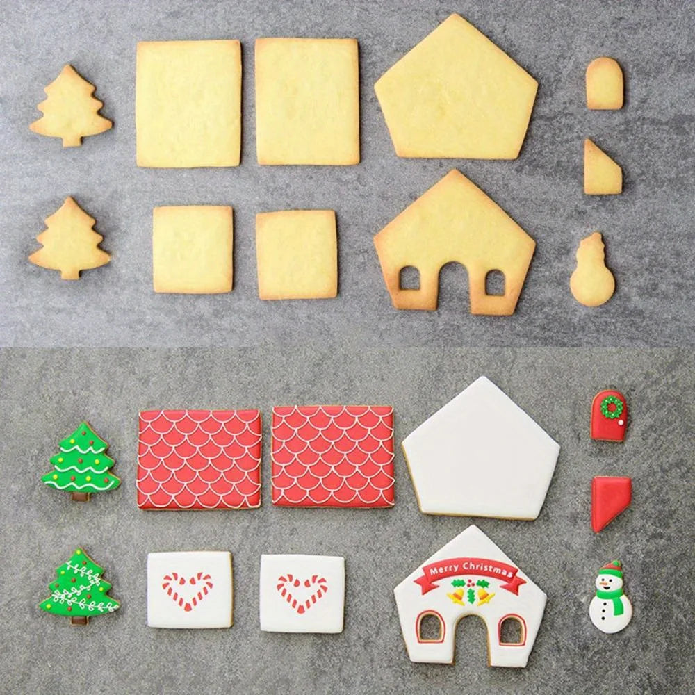 Molde de casa de jengibre de Navidad 3D, juego de cortadores de galletas de plástico, molde para galletas DIY, pastel de pastelería, sello, herramientas para hornear, accesorios