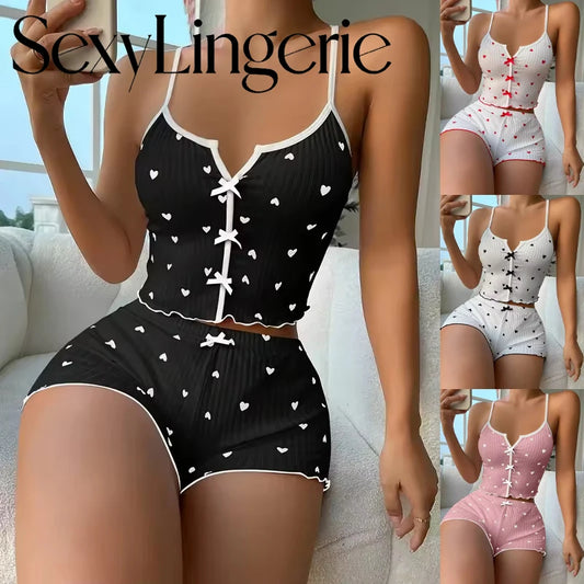 Ropa de dormir Sexy para mujer, conjunto de pijamas con estampado de corazón de seda, cuello en V, sin mangas, camisola informal, conjuntos de Top y pantalones cortos, traje para casa, ropa de descanso
