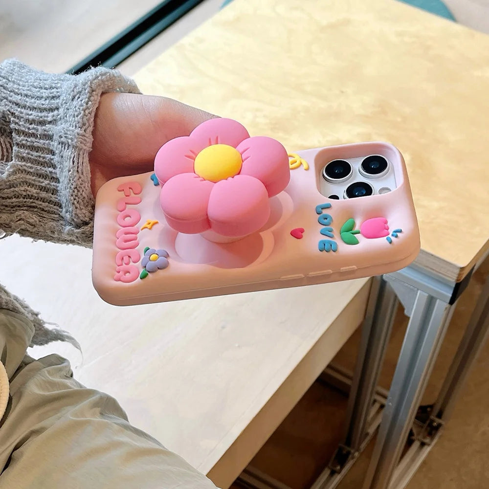 Lindo soporte floral 3D funda de silicona suave soporte de flores cubierta para iPhone 16 15 14 13 12 11 Pro Max 7 8 Plus X XS Max XR