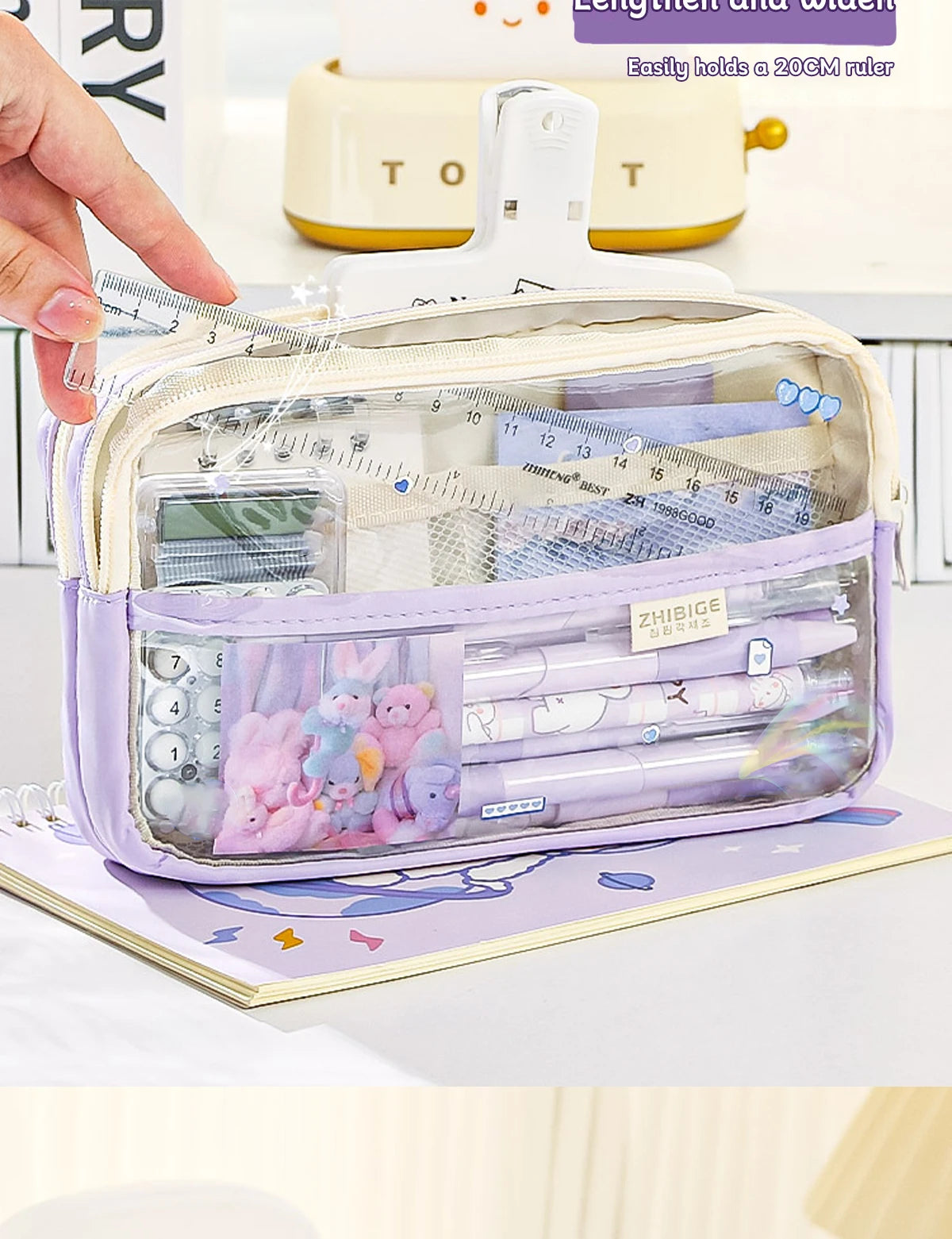 Bolsa de lápices transparente de cuatro capas, bolsa de papelería para estudiantes, bolsa de almacenamiento de gran capacidad, suministros de oficina escolar, papelería, 1Pc