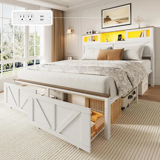 Base de Cama Matrimonial con Cabecero, Base de Cama Matrimonial con Estación de Carga, Camas LED con 2 Cajones de Almacenamiento, Base de Cama de Madera Estilo Rústico