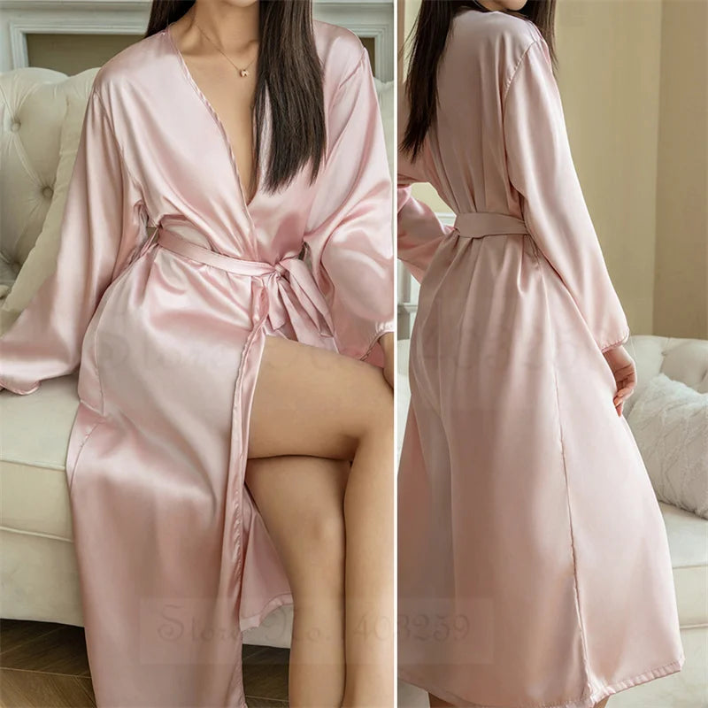 Bata larga Kimono de satén para mujer, bata de baño suelta, ropa de salón para el hogar, ropa de dormir Sexy, lencería íntima, primavera y otoño
