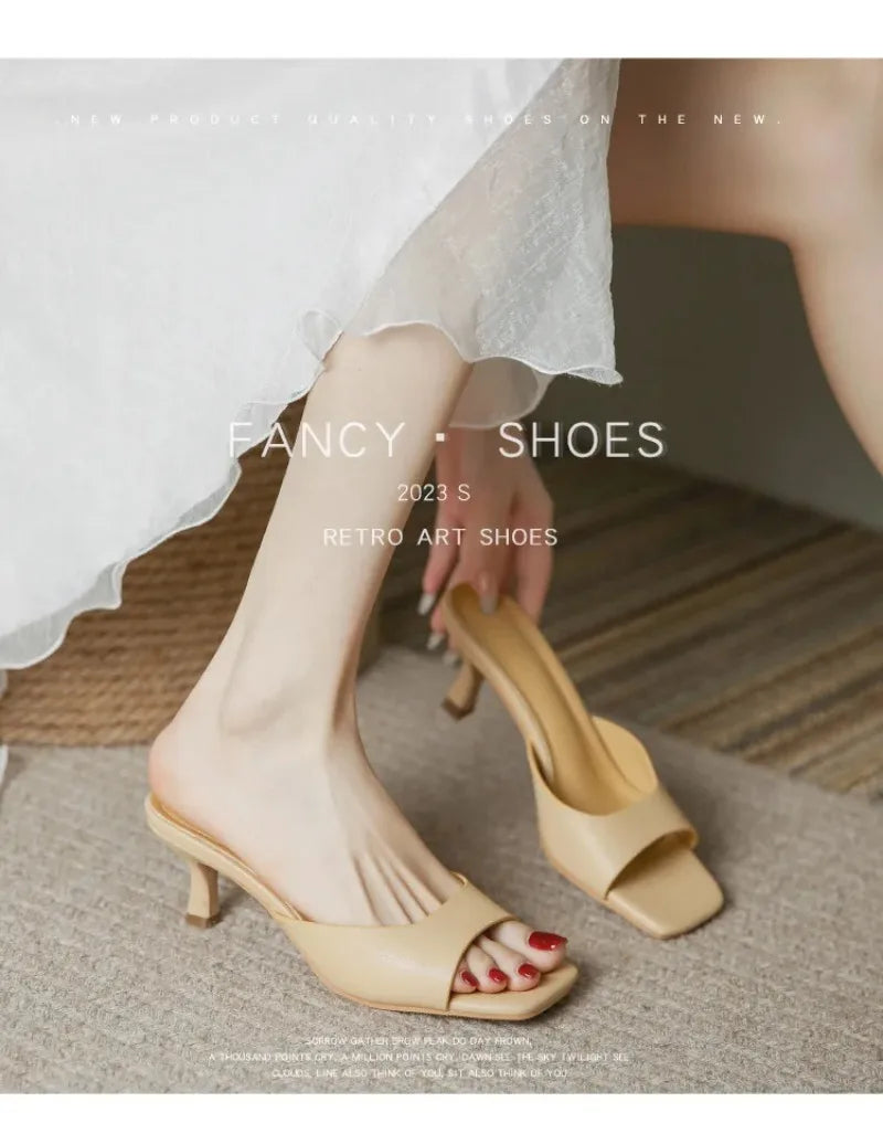 Pantuflas de Tacón Alto para Mujer, Pantuflas de Cuero Vacuno de Lujo, Pantuflas de Moda con Punta Cuadrada, Pantuflas de Tacón Alto con Punta Abierta para Verano