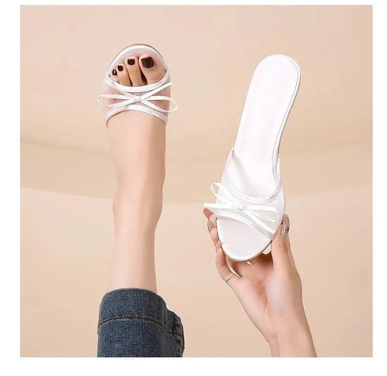 Sandalias de verano para mujer, tacones altos elegantes a la moda, zapatillas con punta abierta y nudo de mariposa de alta calidad, zapatos de tacón de diseñador de marca para mujer
