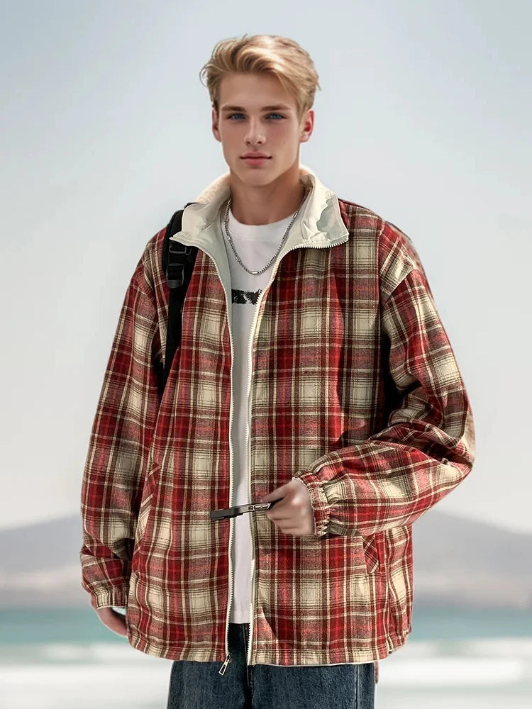 Una Reta-Chaqueta Harajuku para hombre, abrigo de doble cara de Hip hop, ropa de calle informal a cuadros, chaquetas sueltas, Otoño, nuevo