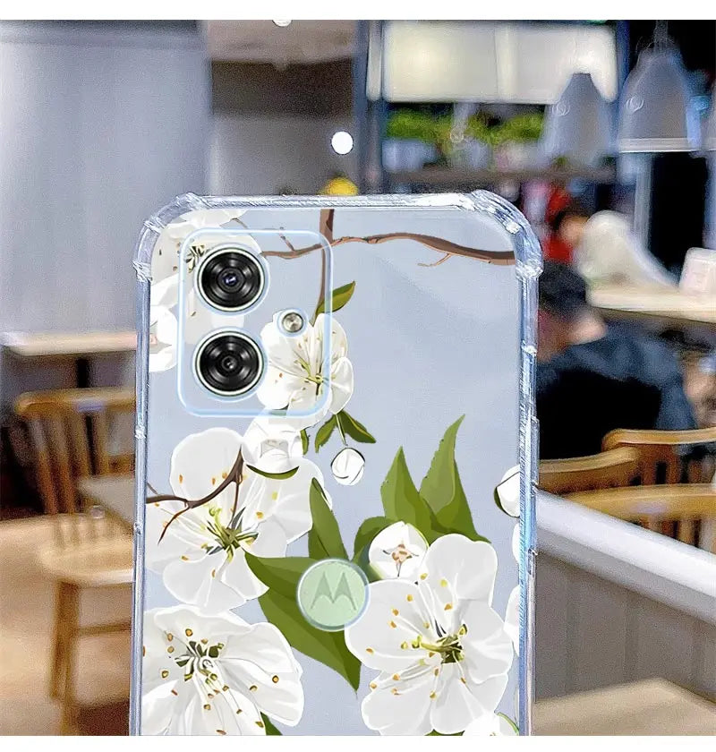 Funda de teléfono transparente G54 flores y hierba para Motorola Moto G54 G53 G52 G72 G82 G13 G73 G32 G84 G14 G42 G24Power G30 G9