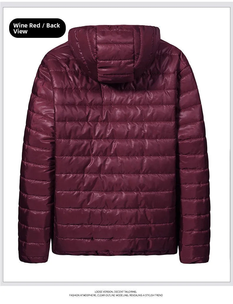 Chaqueta de plumón ligera para hombre, estilo nuevo de otoño-invierno, tipo abrigo acolchado, con cierre de cremallera y capucha, de fibra de poliéster.