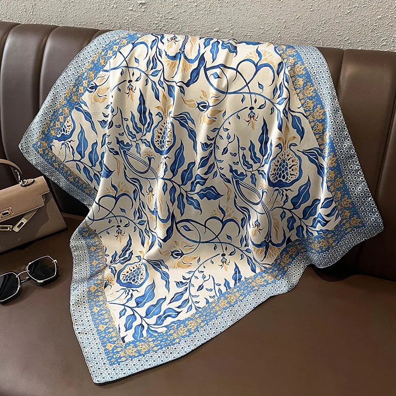 Bufanda cuadrada de seda a cuadros para mujer, banda de satén para el pelo, suave para el trabajo, Hijab, Foulard para la cabeza, 2021