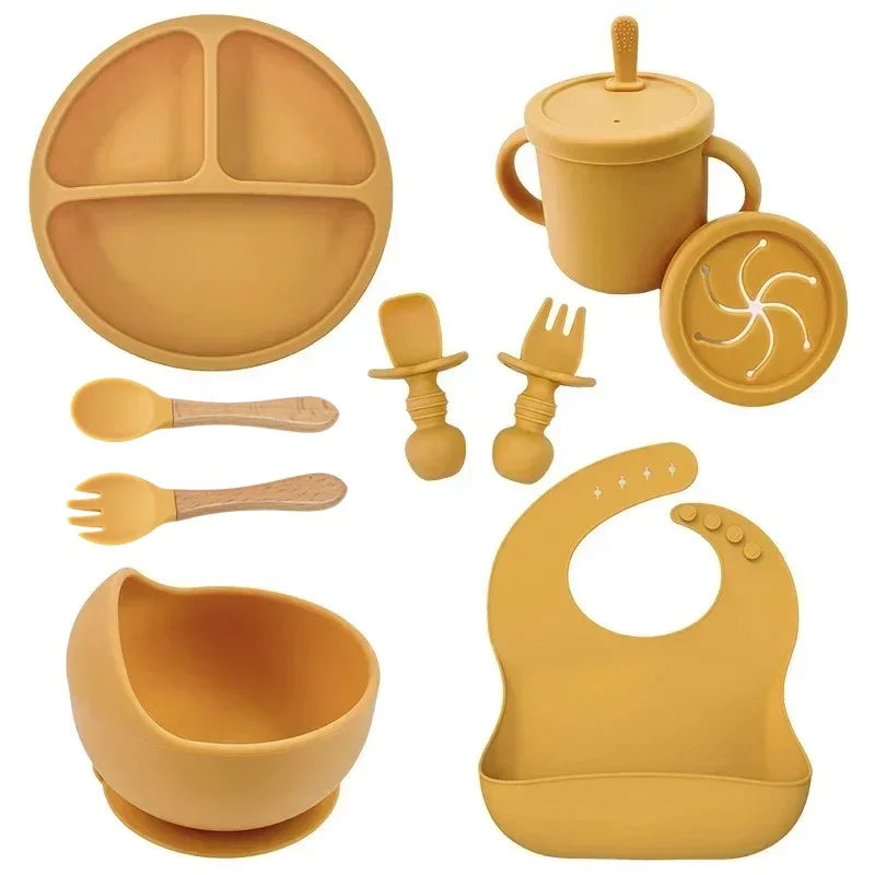 Juego de platos de silicona de grado alimenticio para niños, tazón de alimentación de bebé, plato de succión, taza de paja, cuchara de madera, tenedor, vajilla para niños, platos para niños pequeños