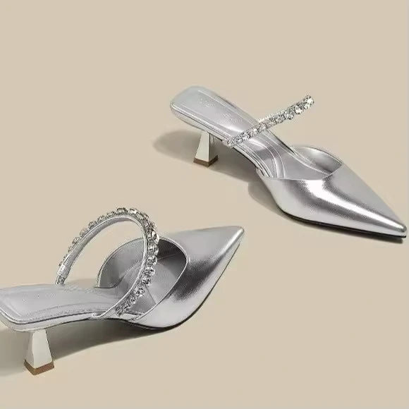 Hot Sale Summer Crystal Pointed Toe Pumps Slip on Thin Heels PU Upper Rubber Sole Elegant Womens Shoes