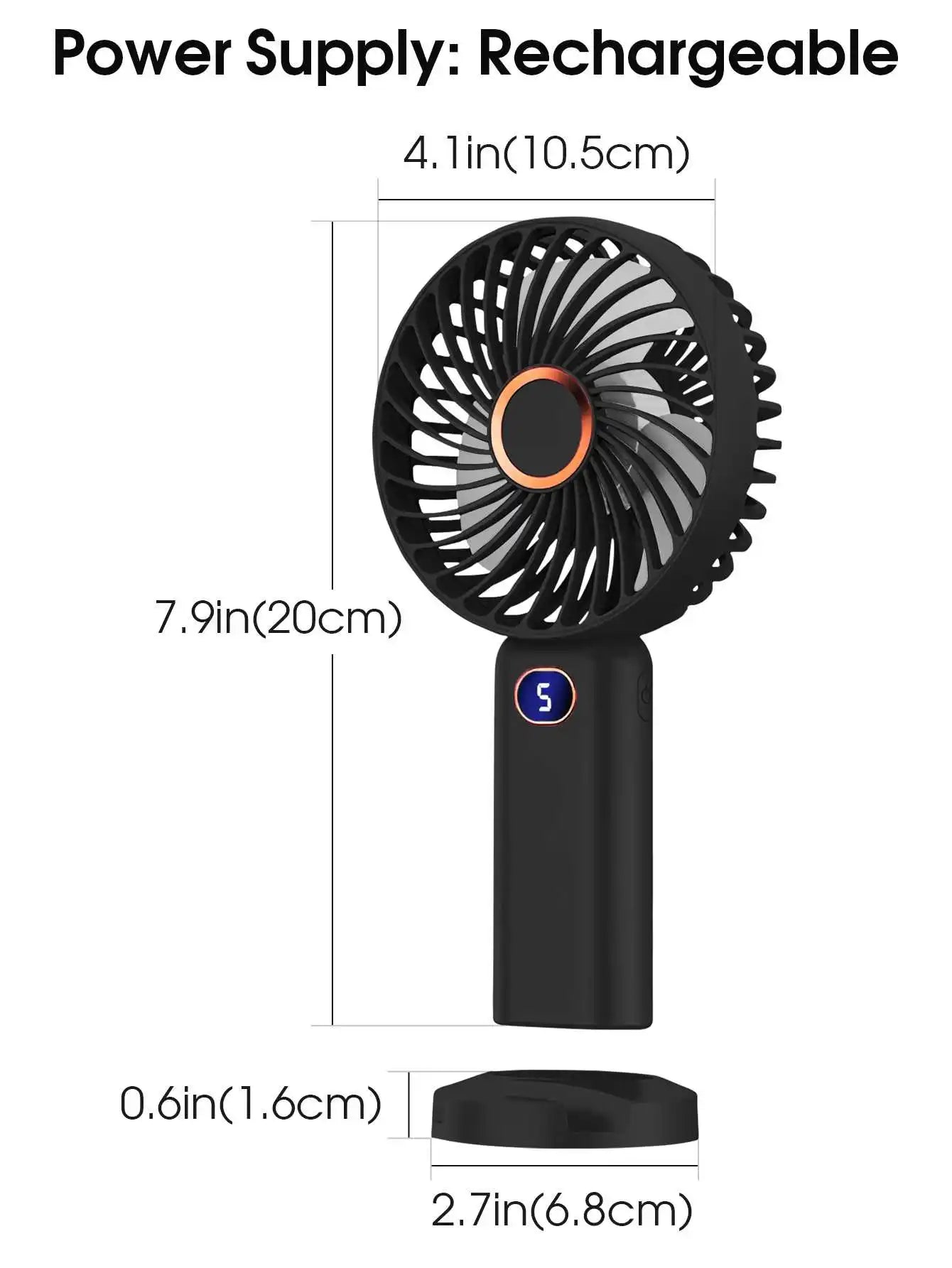 Ventilador portátil de mano, miniventilador recargable por USB, pantalla Digital, ajuste de 5 velocidades, adecuado para viajes, exteriores, oficina y hogar