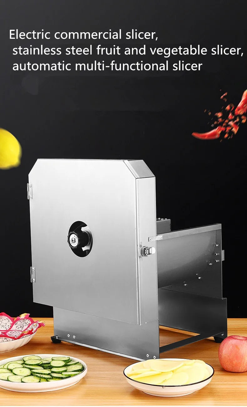 Rebanador de frutas comercial, rebanador eléctrico de acero inoxidable, rebanador multifuncional de patatas y limón y verduras