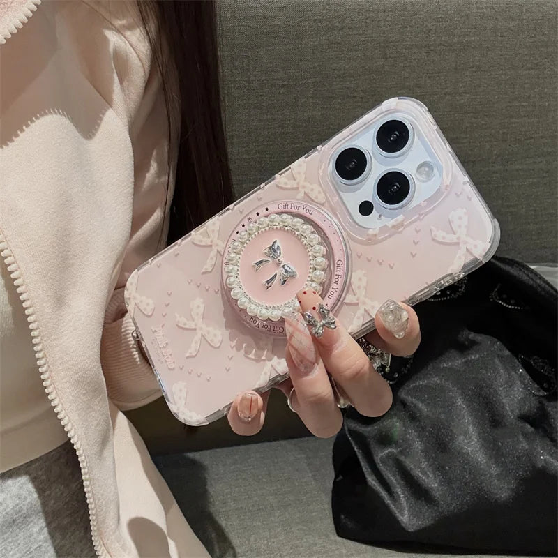 Preciosa funda de teléfono magnética para iPhone 16 Pro 15 14 13 Pro Max 15Pro, funda con soporte de lazo de perlas, fundas a prueba de golpes para Magsafe
