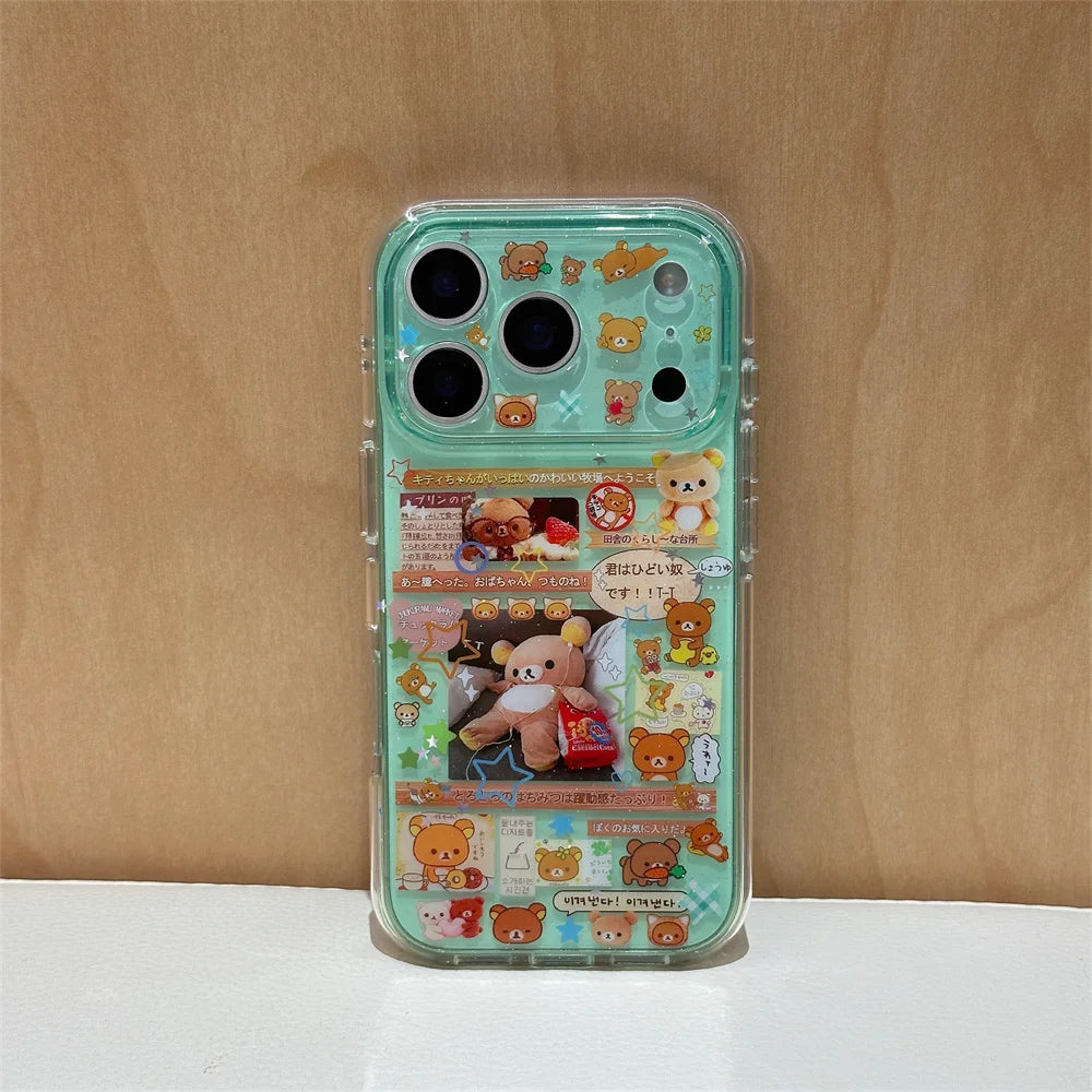 Funda de Teléfono con Dibujos Animados de Rilakkuma Kawaii para iPhone 17 16 15 Pro16 Max 17 Pro Max, Funda Protectora Bonita a Prueba de Golpes con Dijes
