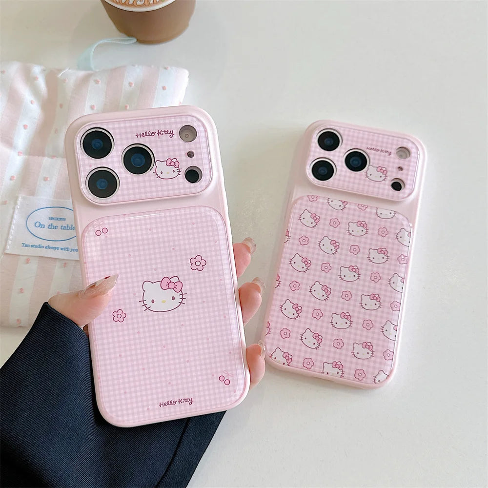 Funda Protectora Brillante con Diseño de Hello Kitty a Cuadros Rosados Estilo Coreano para iPhone 17, 16, 14, 13, 15 Pro, 17 Pro Max