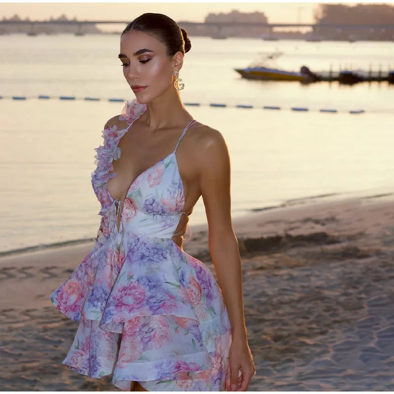 Vestido corto de gasa rosa dulce para mujer, moda con flores en 3D, manga abombada grande, cuello en V, cintura alta, línea A, Vestidos en capas, batas de señora nueva