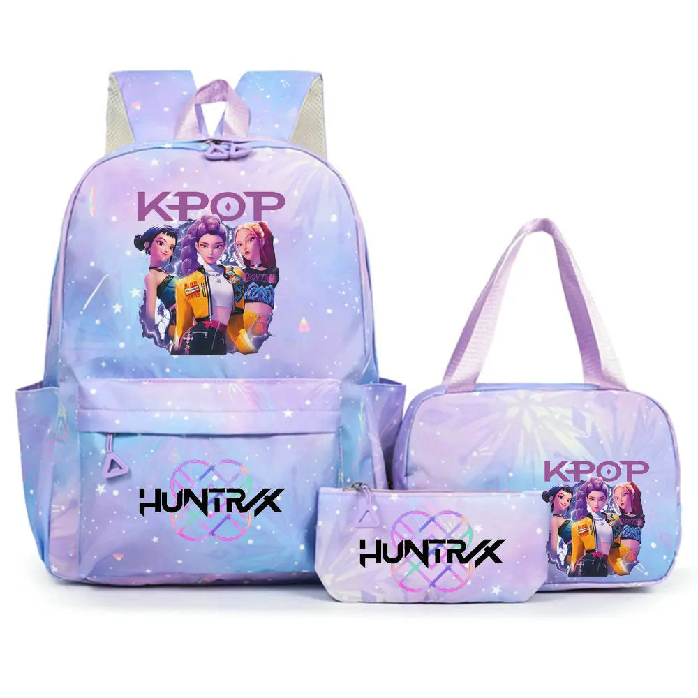Conjunto de mochila con estampado de KPop Demon Hunters con bolsa para el almuerzo y estuche para lápices, mochila para exteriores de gran capacidad, ligera y transpirable