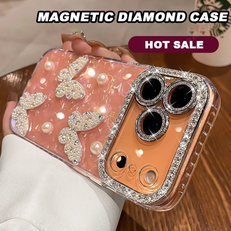 Funda de teléfono con purpurina y diamantes para iPhone 17 Air 11 12 13 16 Pro Max 15 14 16 Plus 17Pro Max, funda protectora de mariposa bonita