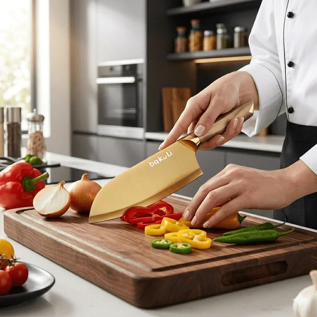 Juego de Cuchillos de Cocina Dorados de 4 Piezas, Hojas con Revestimiento de Titanio Antiadherente, Mango Ergonómico, Cuchillo de Chef, Cuchillo Multiusos, Cuchillos para Frutas para el Hogar