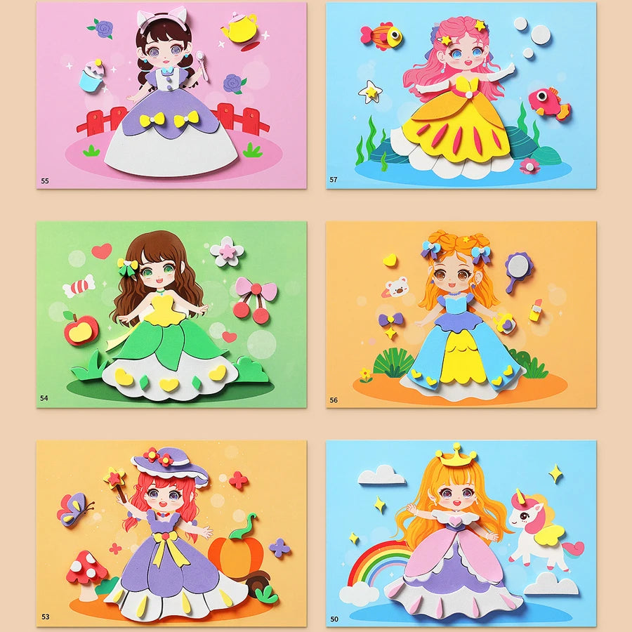 6 unids/set 3D pegatina de espuma EVA DIY rompecabezas de animales de princesa de dibujos animados para niños estilos multipatrones juguetes para niños regalo