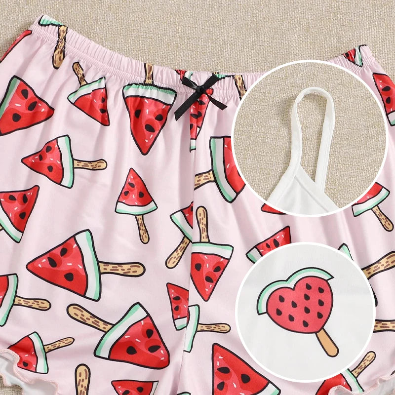Conjunto de ropa de dormir de casa para mujer, ropa de dormir cómoda de dos piezas con tirantes de sandía, estampado rosa de seda de leche, novedad de verano