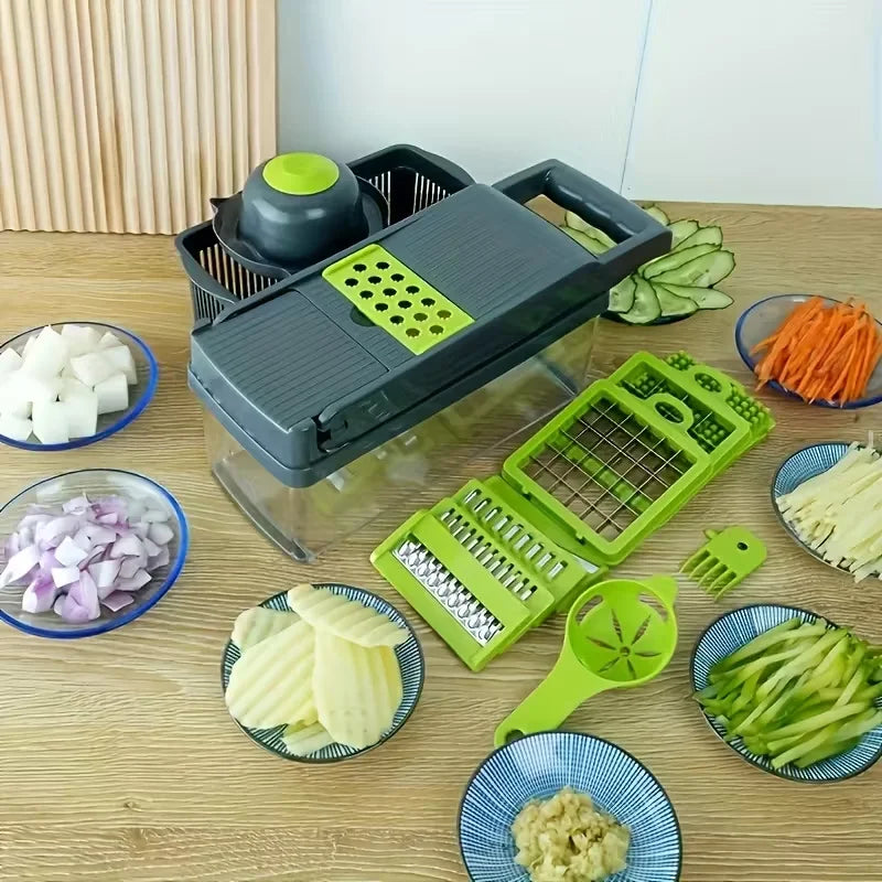 Picadora de verduras multifuncional 14 en 1, picadora de cebolla con mango, picadora de alimentos, rebanadora de verduras de cocina, cortadora