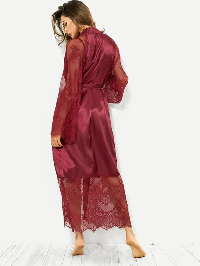 Bata de dormir Sexy para mujer, albornoces de encaje, kimono, ropa de dormir para dama de honor, medio sin mangas