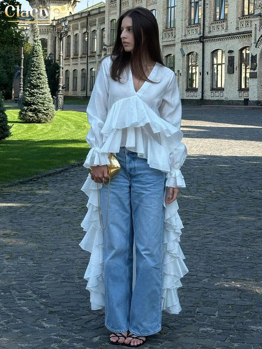 Clacive-Camiseta blanca holgada para mujer, camisas de manga larga con cuello en V a la moda, Top Irregular con volantes elegantes, ropa femenina 2025
