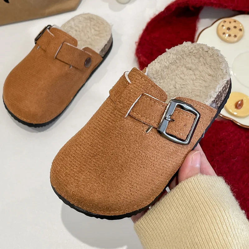2025 niños niñas invierno cálido felpa corcho cama piel zuecos zapatillas señora peluda casa pisos zapatillas de algodón