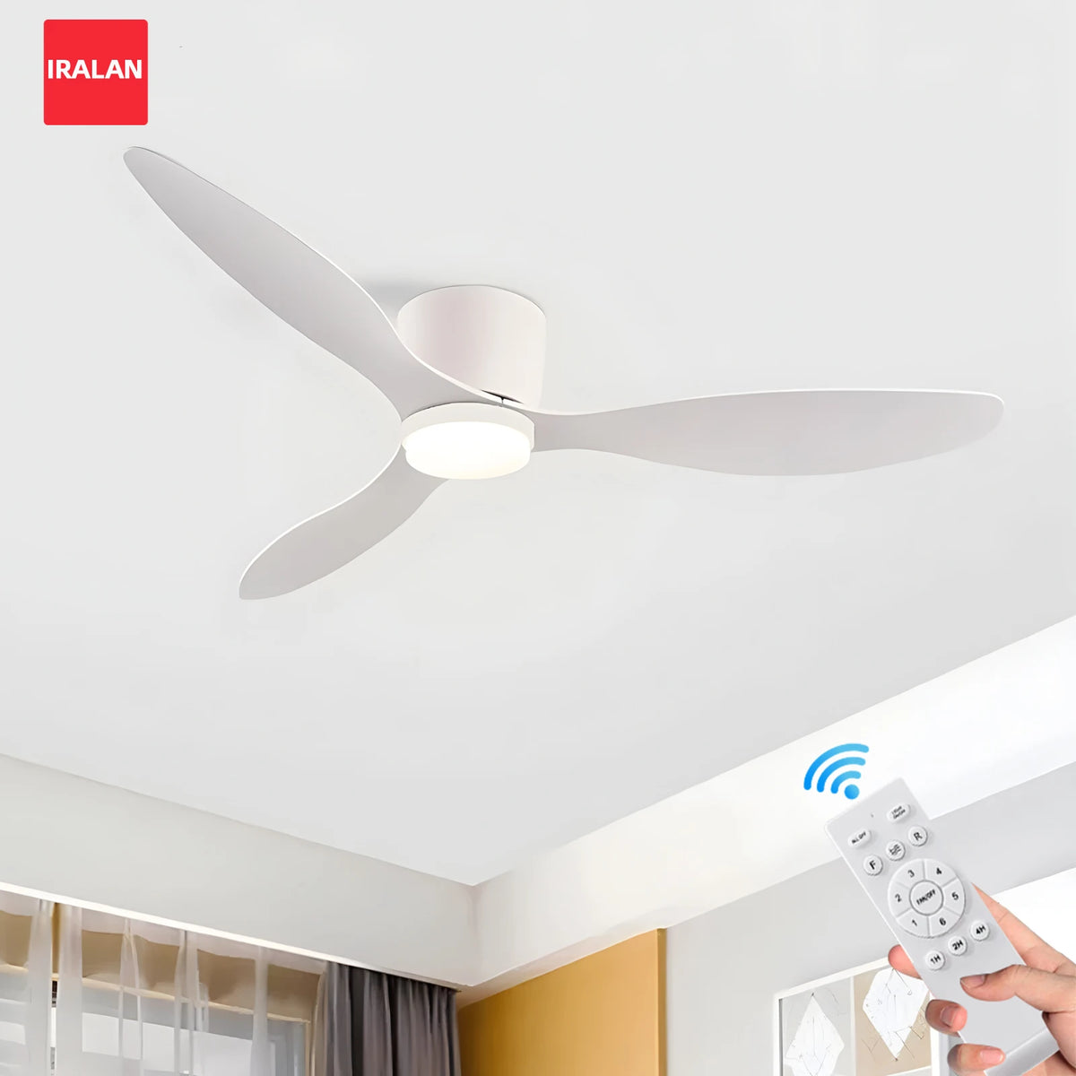IRALAN Ventilador de techo con luz, opción de 6 velocidades, motor CC reversible de 3CCT con control remoto, susurro, fácil instalación, negro/blanco/madera