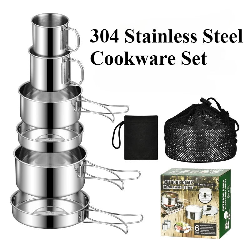 Juego de utensilios de cocina para acampar, olla de cocina de acero inoxidable con sartén, utensilios de cocina portátiles para exteriores, olla para Picnic, mochilero, Camping y senderismo