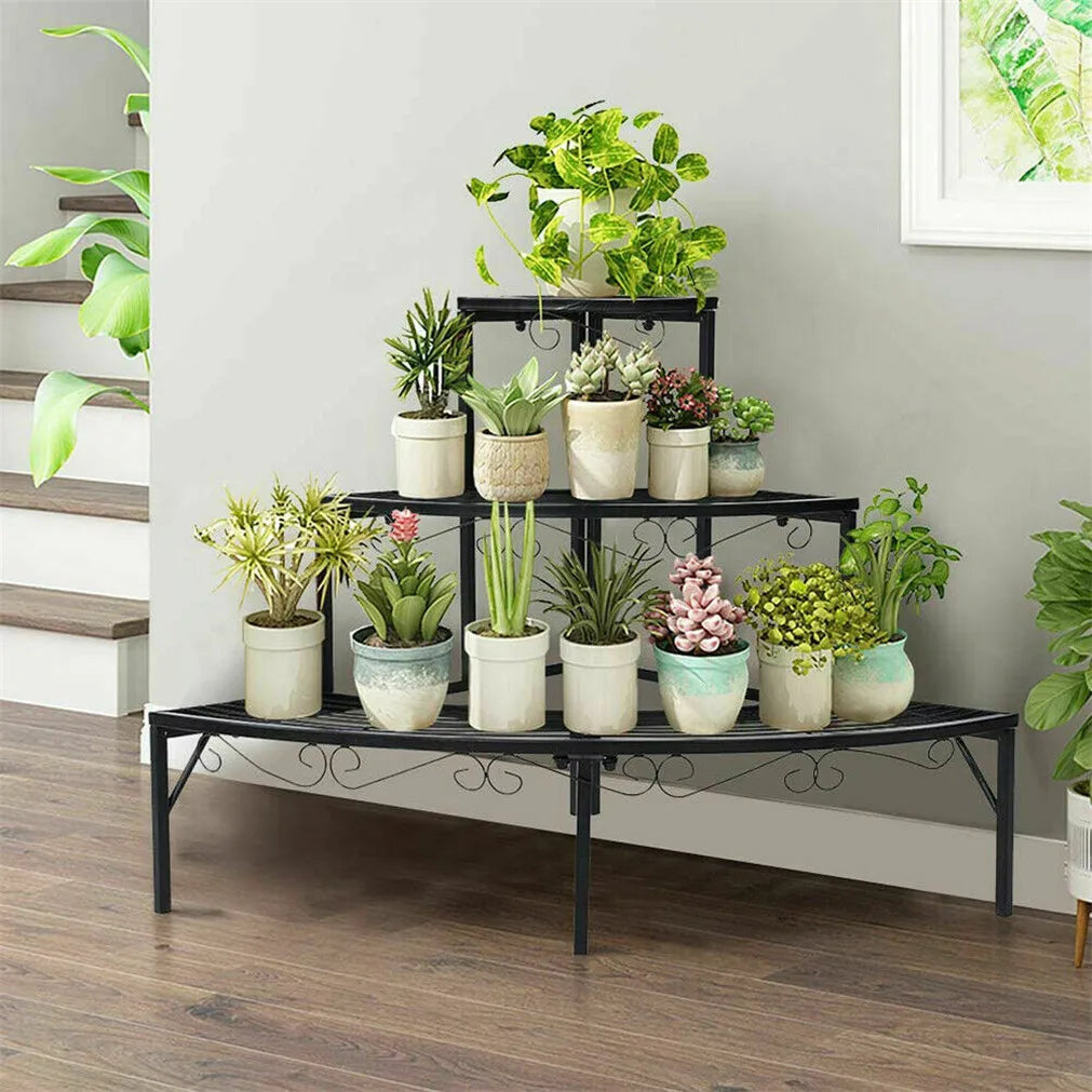Soporte para plantas y macetas de interior y exterior, soporte de exhibición de estante esquinero para macetero redondo de 3 niveles de Metal para jardín
