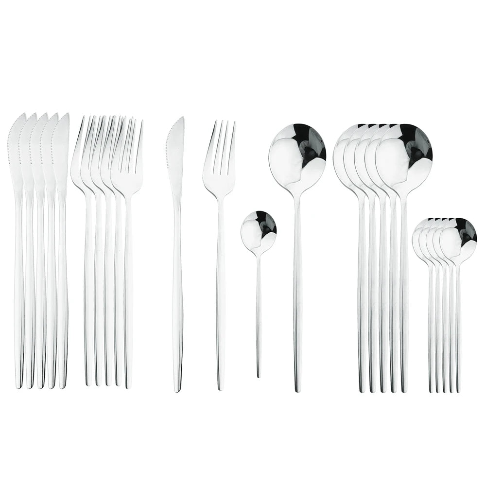 Juego de cubiertos dorados con mango negro, 24 Uds., cuchillo de acero inoxidable, tenedor, cuchara, vajilla, juego de cubiertos, vajilla de cocina para Festival, regalo