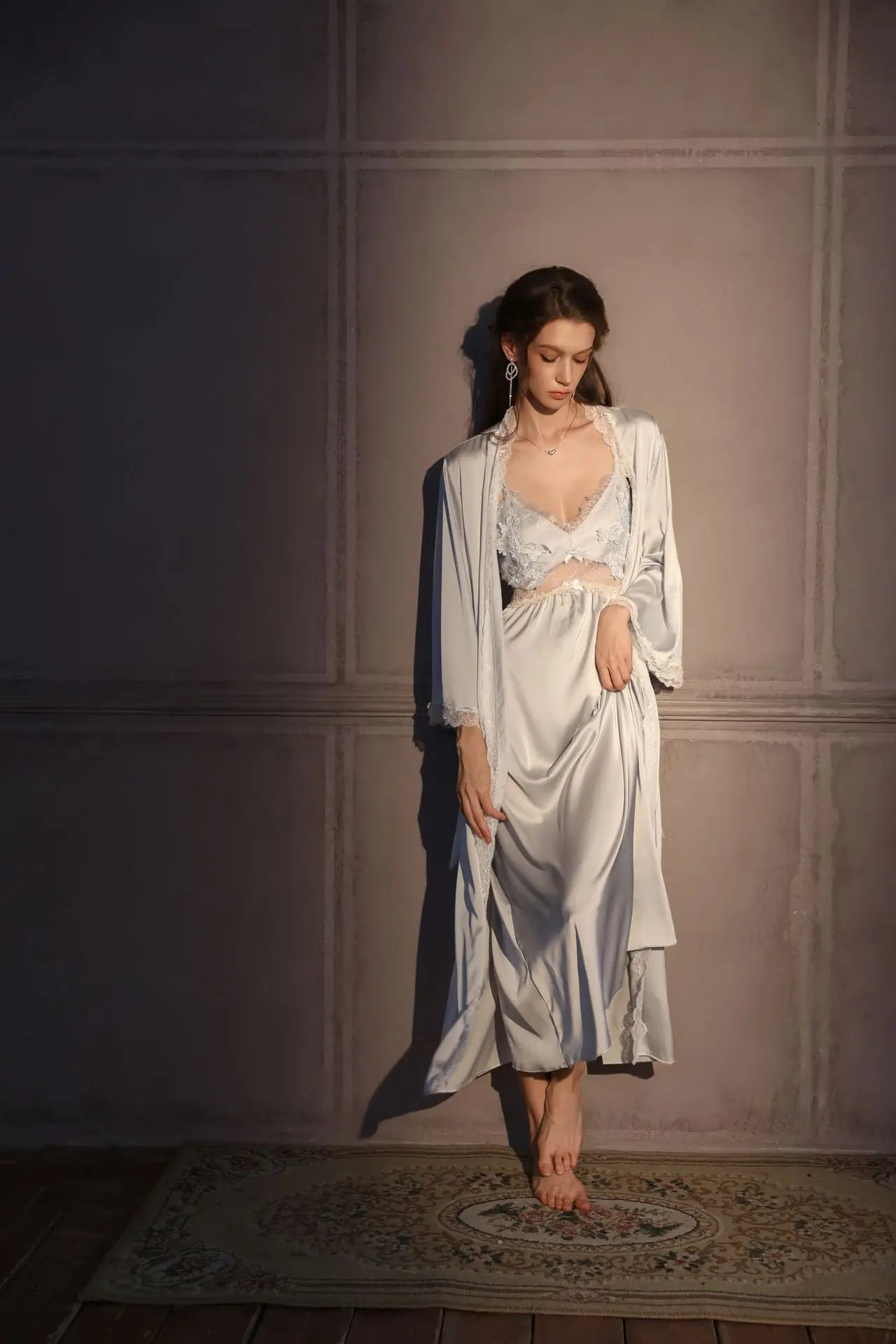 Conjunto de bata larga elegante para mujer, camisón de lencería Sexy, camisón con espalda descubierta, ropa de dormir para el hogar, ropa de dormir de satén de seda