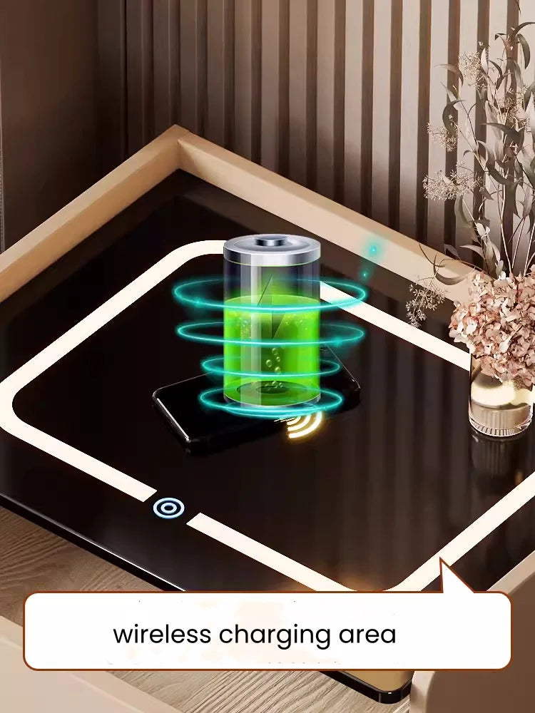 Mesita de noche inteligente de madera maciza con carga inalámbrica, mesita de noche de estilo moderno con 2 cajones y cerradura, armario lateral para el hogar