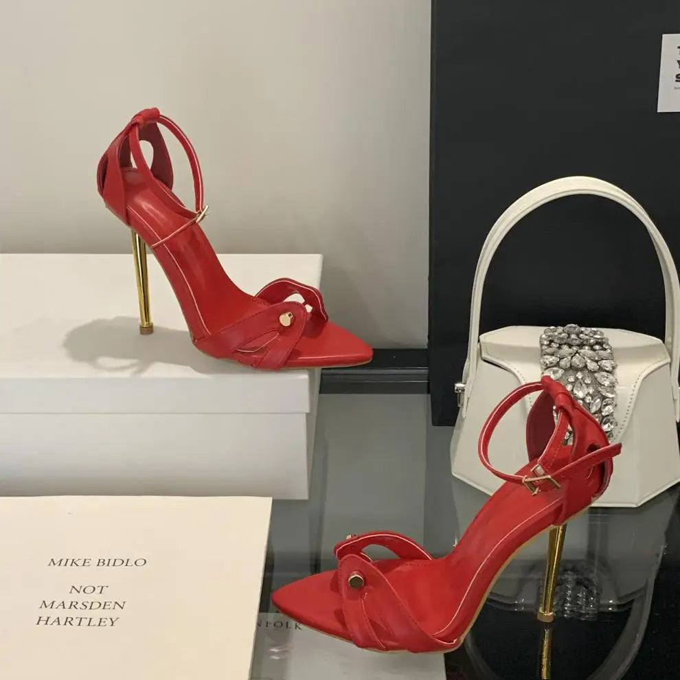 Sandalias de tacón alto para mujer, con estampado de leopardo, talla grande, con remaches metálicos huecos y puntiagudos, electrochapadas, para fiesta y discoteca, 2026