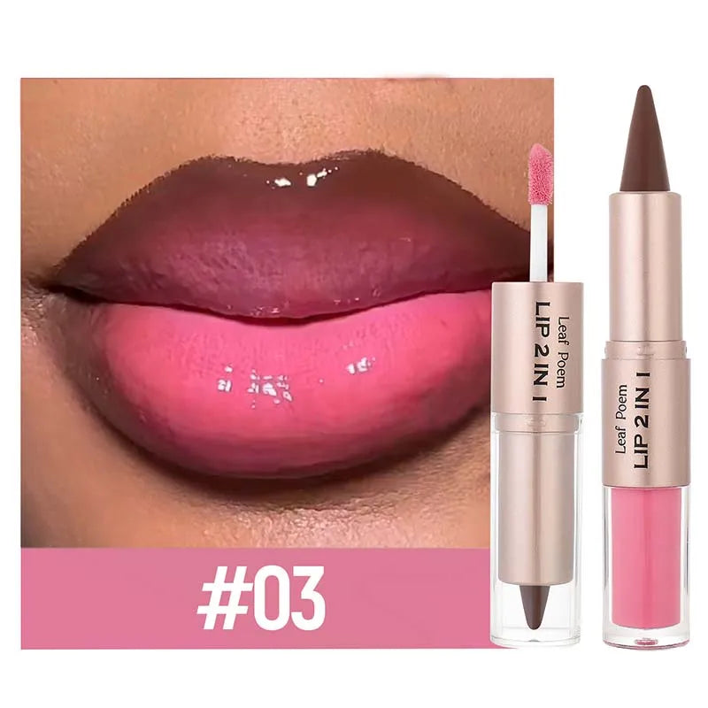 Lápiz Delineador de labios mate 2 en 1 de doble cabeza, resistente al agua, antiadherente, brillo de espejo, tinte de labios, brillo de labios marrón, maquillaje de lápiz labial