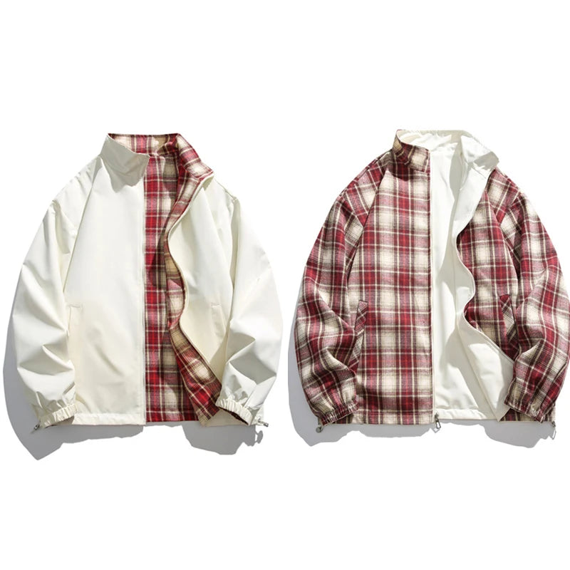 Una Reta-Chaqueta Harajuku para hombre, abrigo de doble cara de Hip hop, ropa de calle informal a cuadros, chaquetas sueltas, Otoño, nuevo