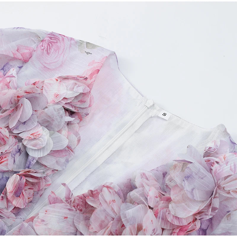 Vestido corto de gasa rosa dulce para mujer, moda con flores en 3D, manga abombada grande, cuello en V, cintura alta, línea A, Vestidos en capas, batas de señora nueva