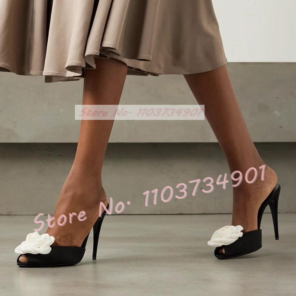 Mules de tacón alto fino de satén para mujer, zapatos aterciopelados con apliques florales, color rosa y rosa, elegantes y negros