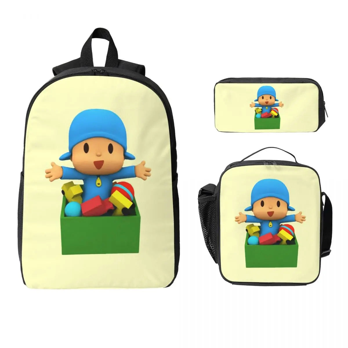 Mochila azul de dibujos animados de Pocoyo para niños, mochila escolar, bolsos de hombro para ordenador, bolsa de almuerzo aislada de 3 piezas, estuche para lápices