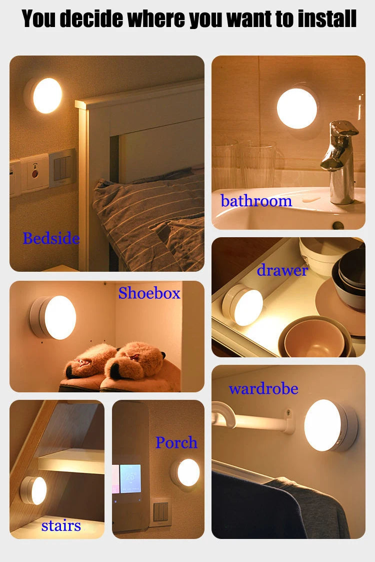 Luz nocturna con Sensor de movimiento, iluminación LED inalámbrica recargable, magnética giratoria 360 para habitación, mesita de noche, iluminación de gabinete