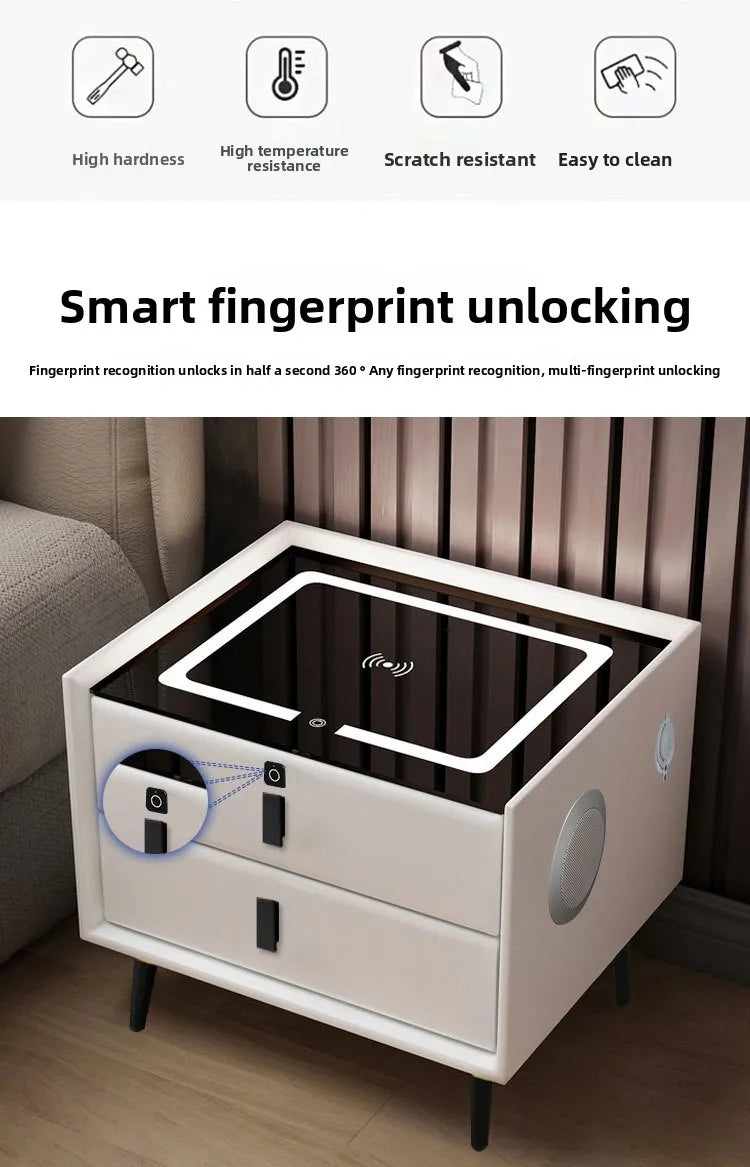 Mesita de noche de madera inteligente con altavoz cargador inalámbrico, mesita de noche minimalista moderna de dos cajones, muebles multifuncionales para el hogar