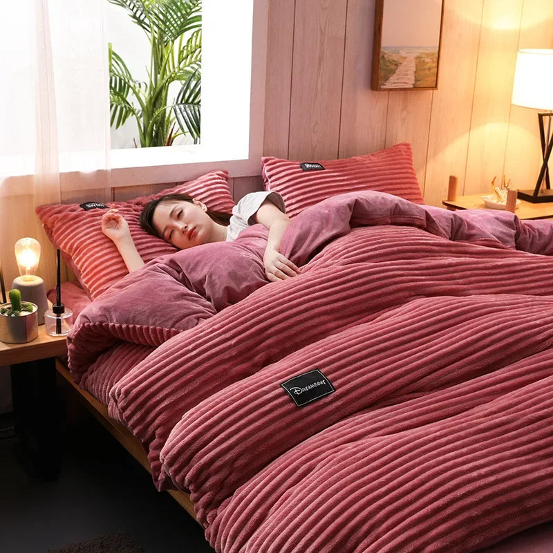 Funda nórdica gruesa de terciopelo de Color sólido, juego de cama cálido para invierno, funda de edredón doble, funda de edredón doble Queen King 220*240
