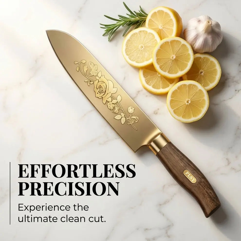 Juego de cuchillos de cocina de lujo dorados, ultra afilados, con hoja de acero inoxidable de primera calidad con revestimiento de titanio y mango de madera para cocinar, 4 piezas